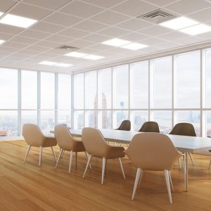 Modern conference room interior with panoramic city vew, wooden floor and daylight. 3D  Rendering