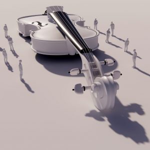 People looking at giant violin music concept